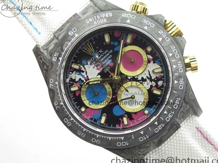 0413 ComfortFit Daytona DIW Carbon OMF Best Edition Blue Pink White Dial on White Nylon Strap A 2833